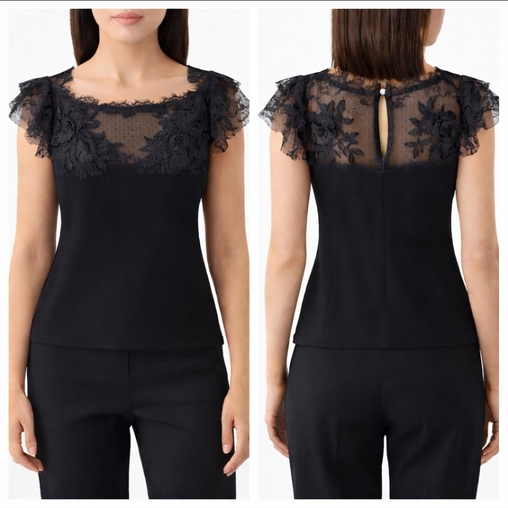 Love Republic Black Sheer Lace Flutter Sleeve Top EUR 36